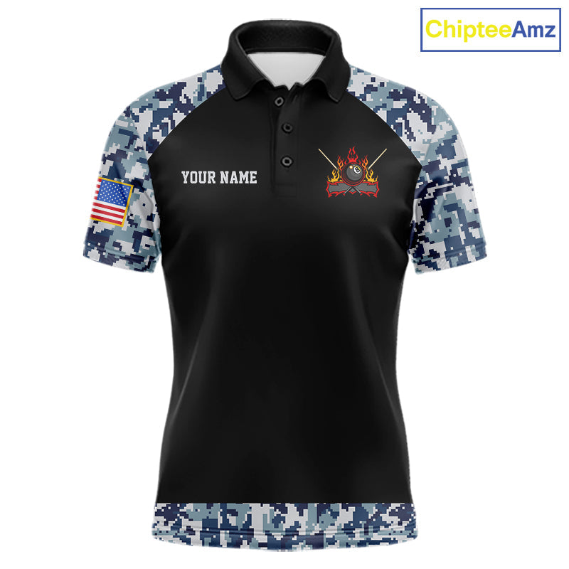 Personalized Blue Camo US Flag Billiard Shirts Custom Pool Team Jersey Polo & Quarter Zip