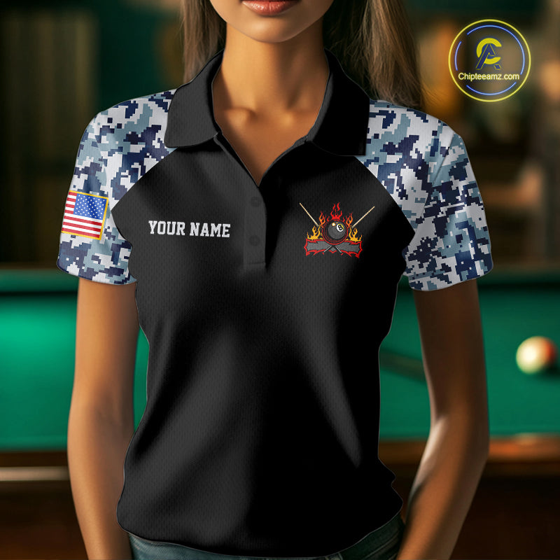 Personalized Blue Camo US Flag Billiard Shirts Custom Pool Team Jersey Polo & Quarter Zip