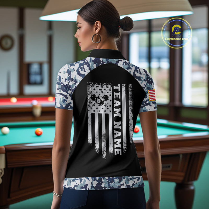 Personalized Blue Camo US Flag Billiard Shirts Custom Pool Team Jersey Polo & Quarter Zip