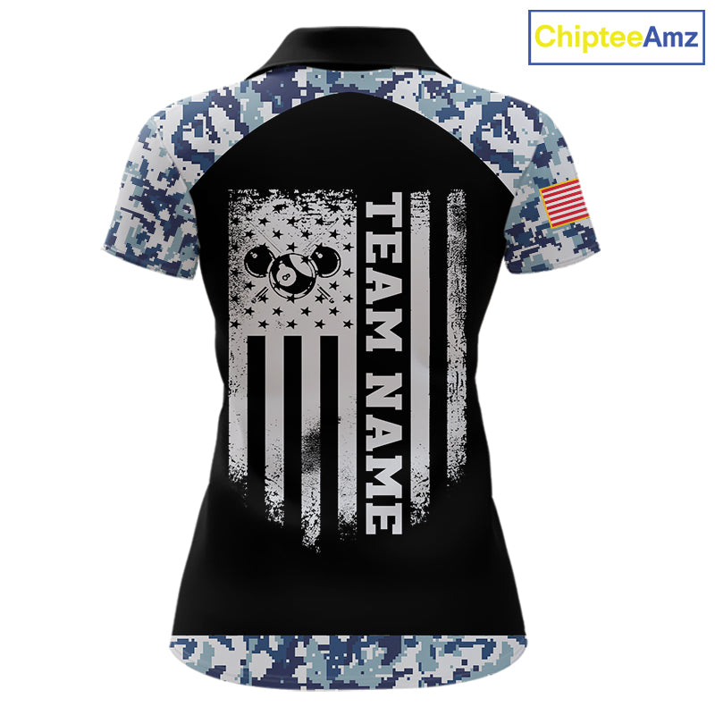Personalized Blue Camo US Flag Billiard Shirts Custom Pool Team Jersey Polo & Quarter Zip