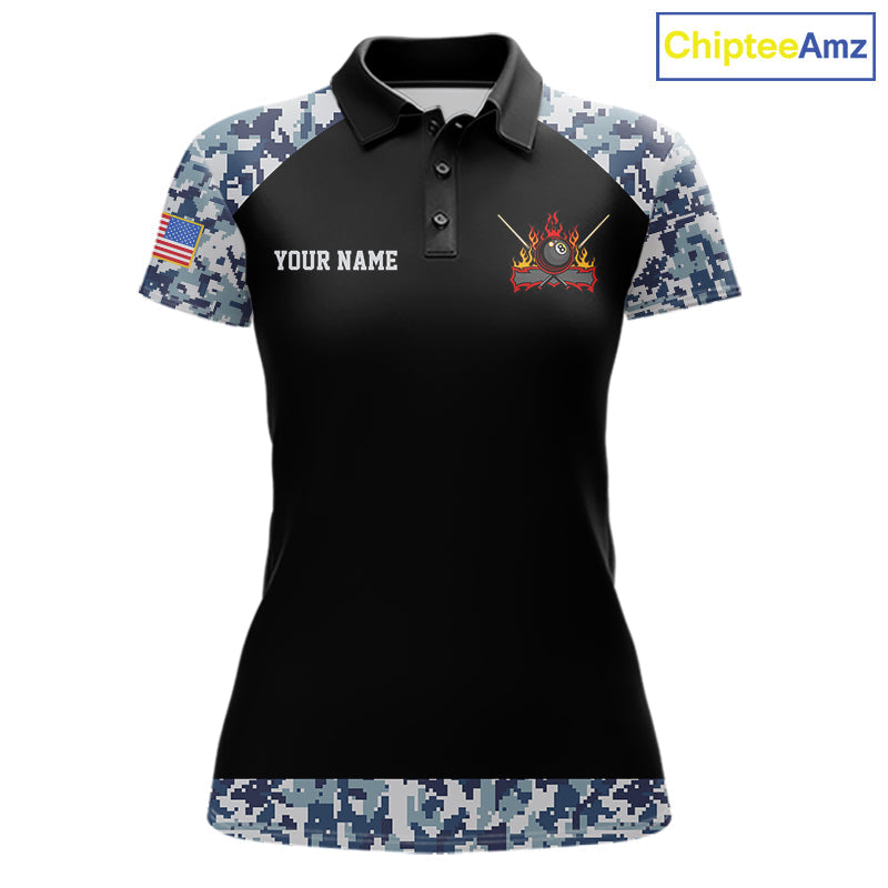 Personalized Blue Camo US Flag Billiard Shirts Custom Pool Team Jersey Polo & Quarter Zip
