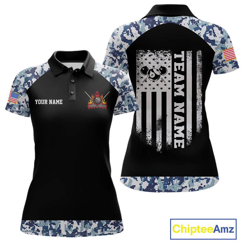 Personalized Blue Camo US Flag Billiard Shirts Custom Pool Team Jersey Polo & Quarter Zip