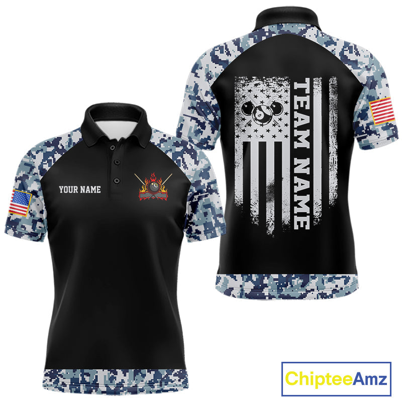 Personalized Blue Camo US Flag Billiard Shirts Custom Pool Team Jersey Polo & Quarter Zip