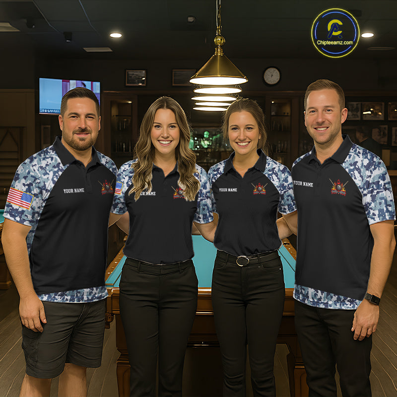 Personalized Blue Camo US Flag Billiard Shirts Custom Pool Team Jersey Polo & Quarter Zip