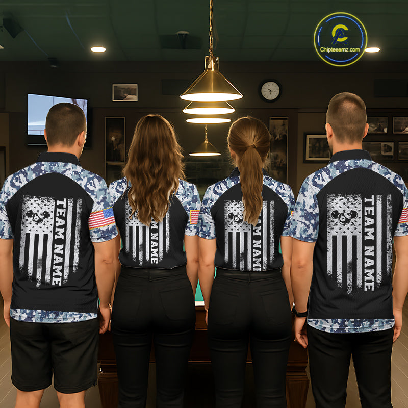 Personalized Blue Camo US Flag Billiard Shirts Custom Pool Team Jersey Polo & Quarter Zip