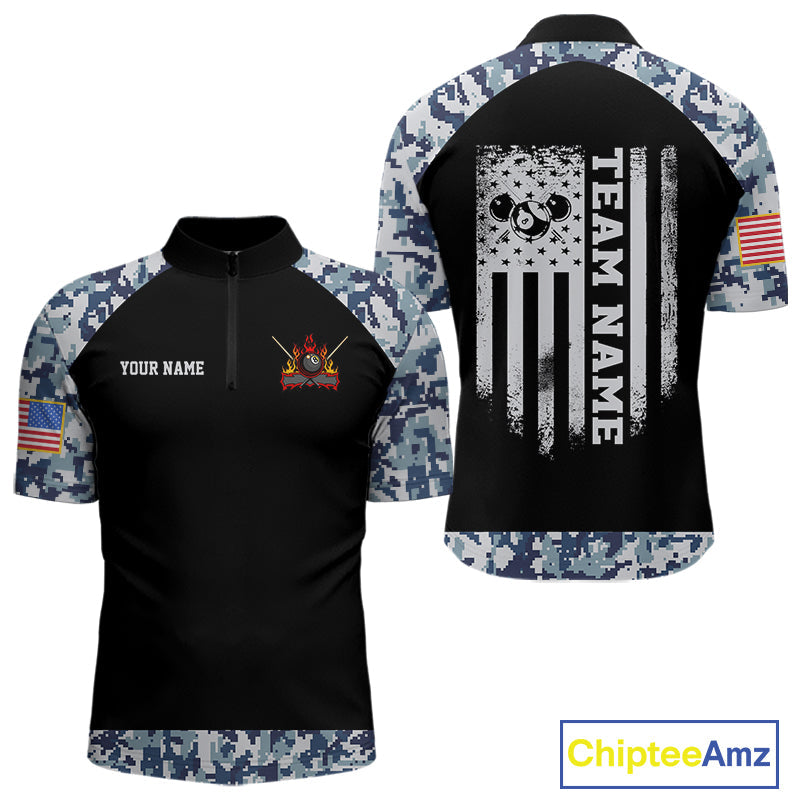Personalized Blue Camo US Flag Billiard Shirts Custom Pool Team Jersey Polo & Quarter Zip