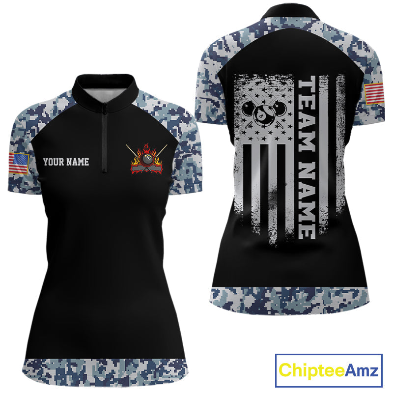 Personalized Blue Camo US Flag Billiard Shirts Custom Pool Team Jersey Polo & Quarter Zip