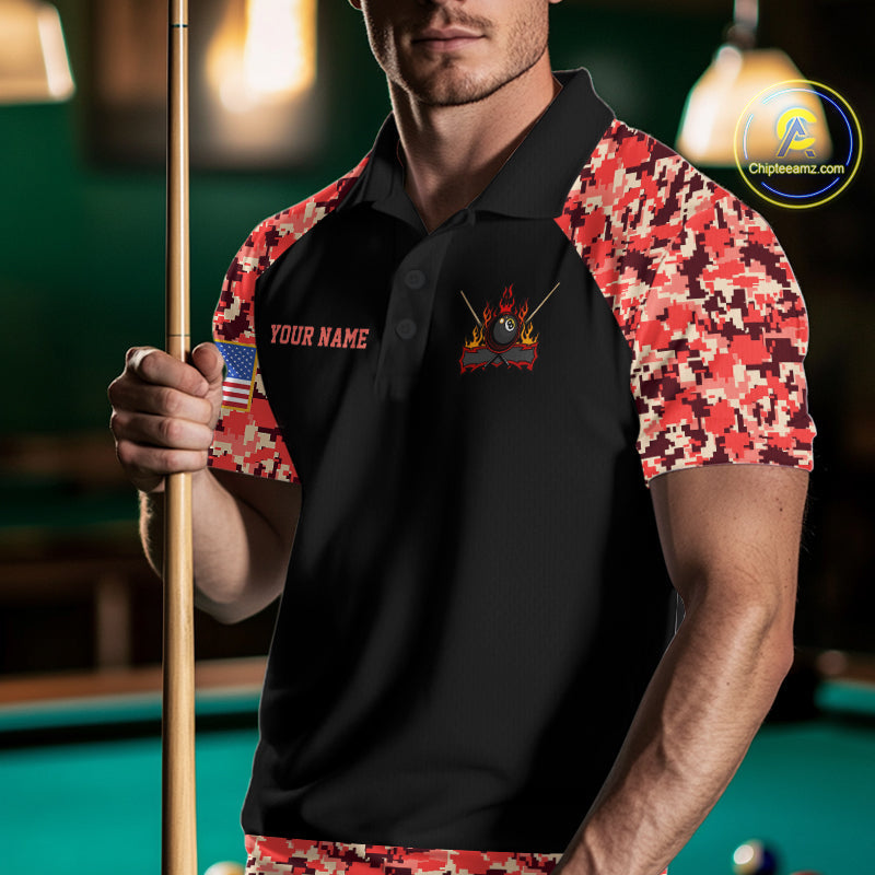 Personalized Red Camo US Flag Billiard Shirts Custom Pool Team Jersey Polo & Quarter Zip