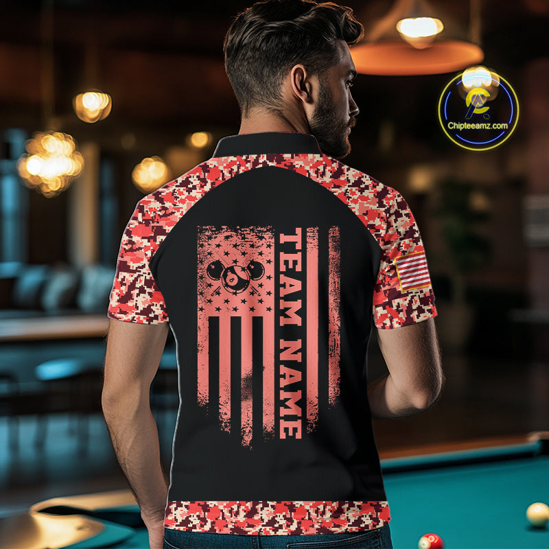 Personalized Red Camo US Flag Billiard Shirts Custom Pool Team Jersey Polo & Quarter Zip