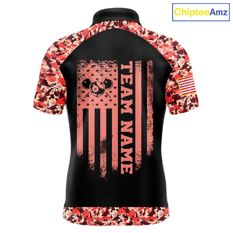 Personalized Red Camo US Flag Billiard Shirts Custom Pool Team Jersey Polo & Quarter Zip
