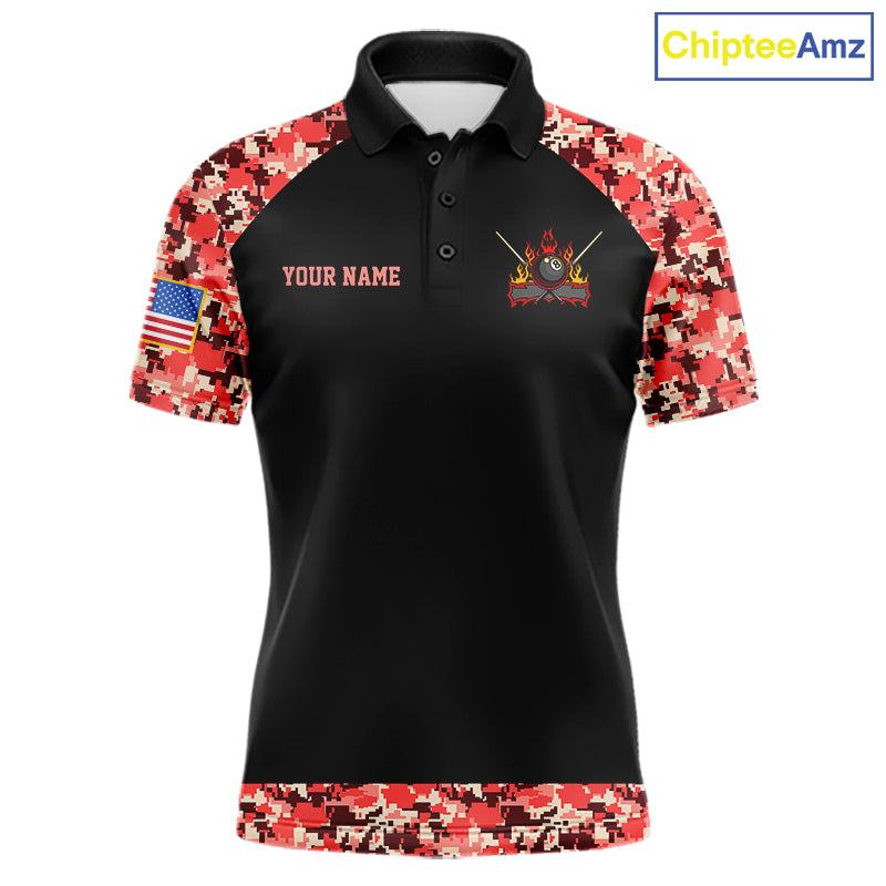 Personalized Red Camo US Flag Billiard Shirts Custom Pool Team Jersey Polo & Quarter Zip