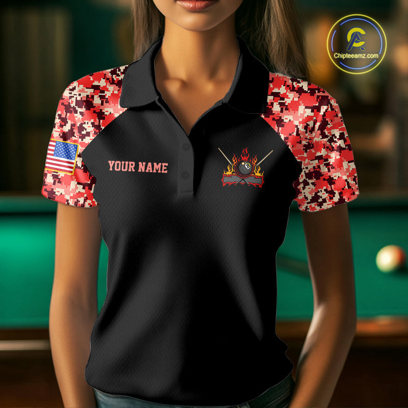 Personalized Red Camo US Flag Billiard Shirts Custom Pool Team Jersey Polo & Quarter Zip