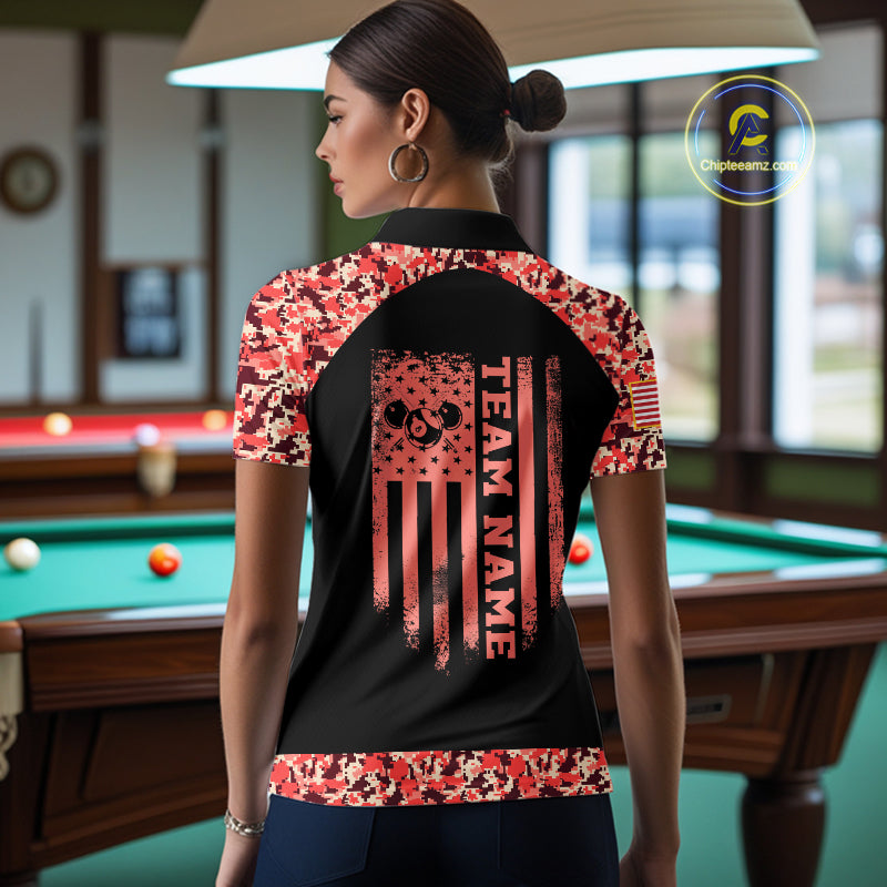 Personalized Red Camo US Flag Billiard Shirts Custom Pool Team Jersey Polo & Quarter Zip