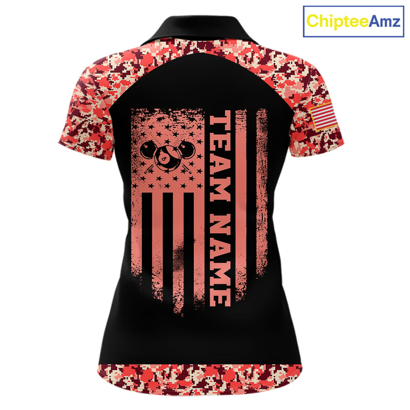 Personalized Red Camo US Flag Billiard Shirts Custom Pool Team Jersey Polo & Quarter Zip