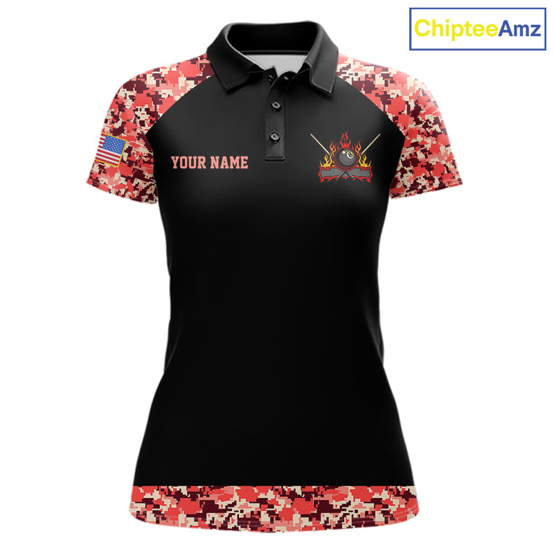Personalized Red Camo US Flag Billiard Shirts Custom Pool Team Jersey Polo & Quarter Zip