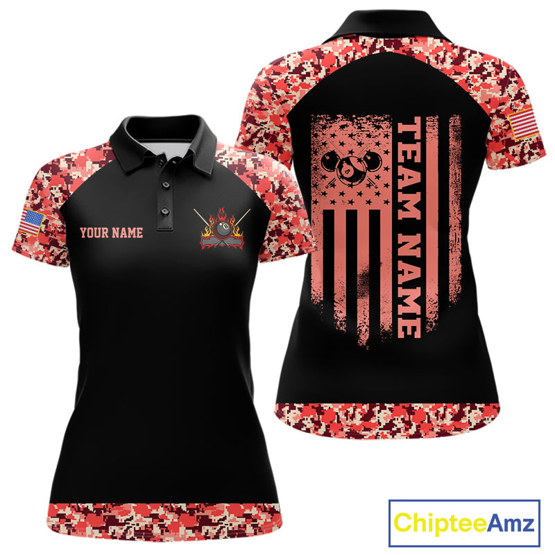 Personalized Red Camo US Flag Billiard Shirts Custom Pool Team Jersey Polo & Quarter Zip