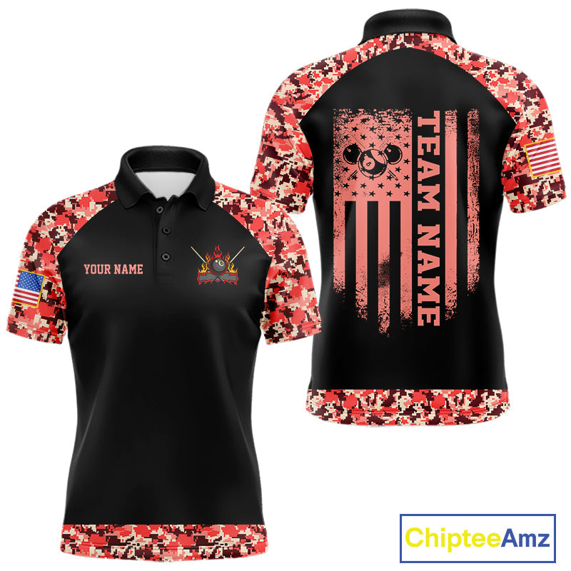 Personalized Red Camo US Flag Billiard Shirts Custom Pool Team Jersey Polo & Quarter Zip