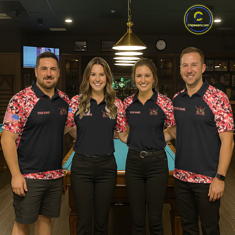 Personalized Red Camo US Flag Billiard Shirts Custom Pool Team Jersey Polo & Quarter Zip