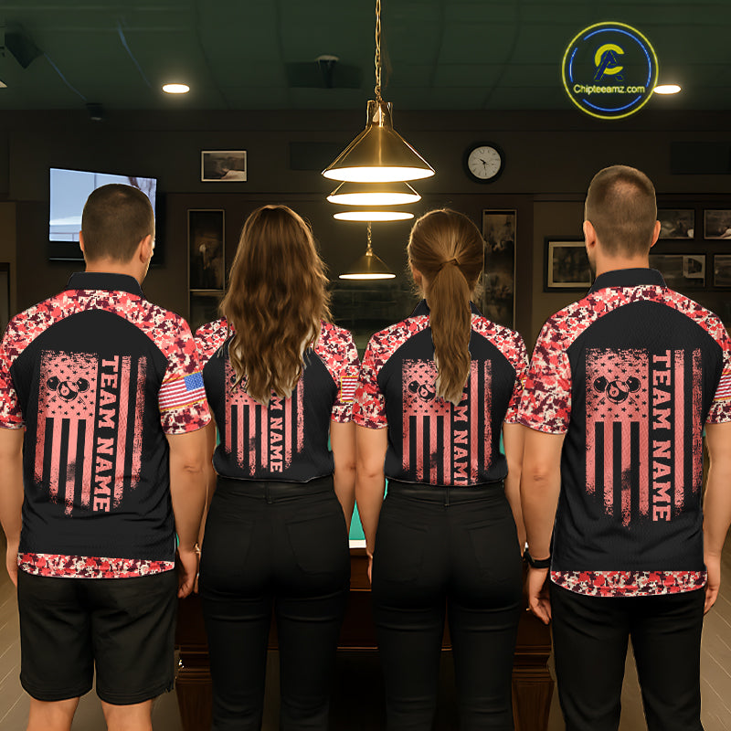Personalized Red Camo US Flag Billiard Shirts Custom Pool Team Jersey Polo & Quarter Zip