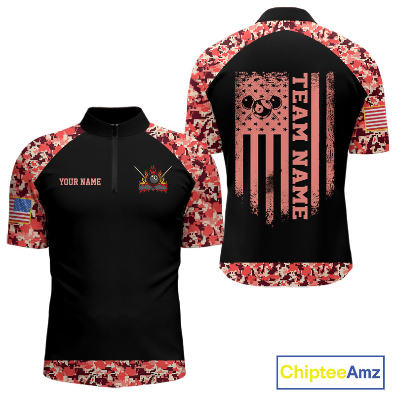 Personalized Red Camo US Flag Billiard Shirts Custom Pool Team Jersey Polo & Quarter Zip