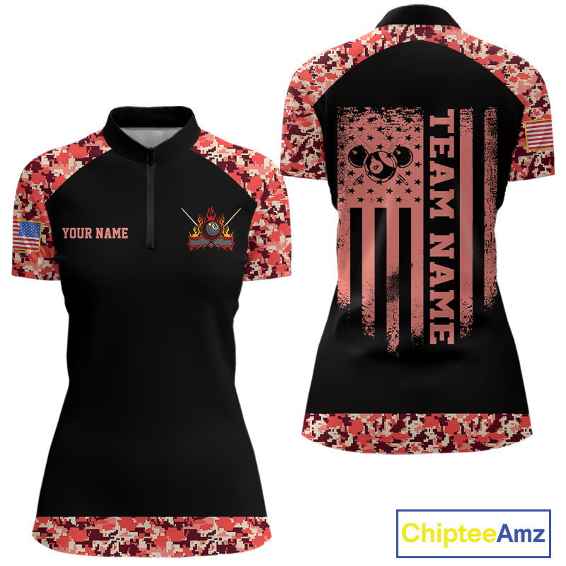 Personalized Red Camo US Flag Billiard Shirts Custom Pool Team Jersey Polo & Quarter Zip