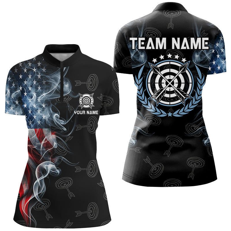 Personalized Smoke USA Flag Archery Polo & 1/4 Zip Shirts, Patriotic Archery Team Jerseys
