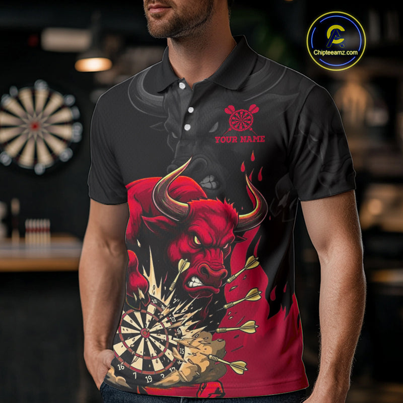 Black And Red Funny Bull Darts Shirt Custom Dart Jersey Team Polo & 1/4 Zip