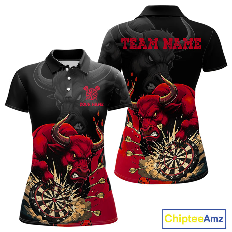 Black And Red Funny Bull Darts Shirt Custom Dart Jersey Team Polo & 1/4 Zip