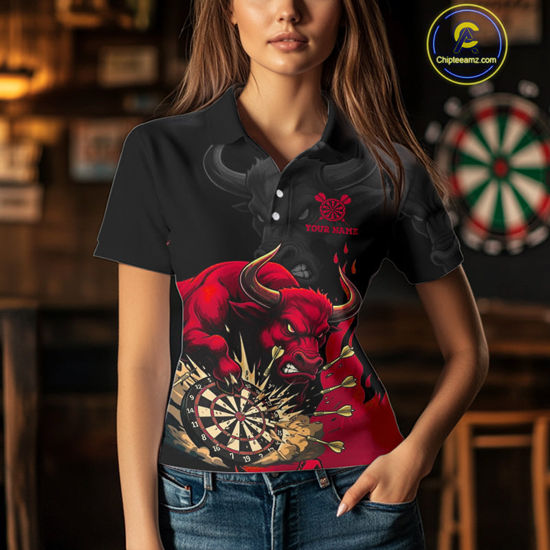 Black And Red Funny Bull Darts Shirt Custom Dart Jersey Team Polo & 1/4 Zip