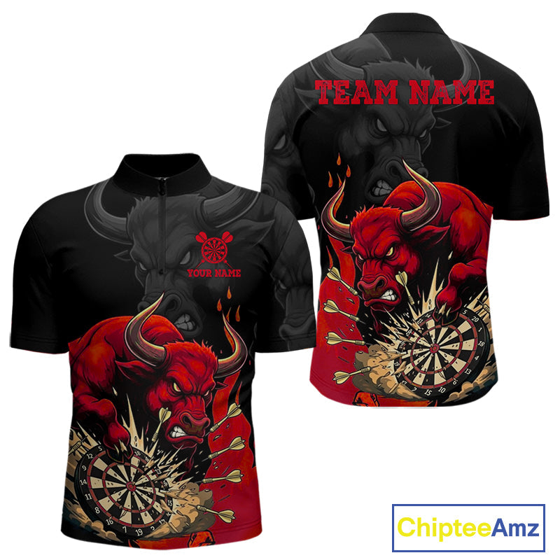 Black And Red Funny Bull Darts Shirt Custom Dart Jersey Team Polo & 1/4 Zip