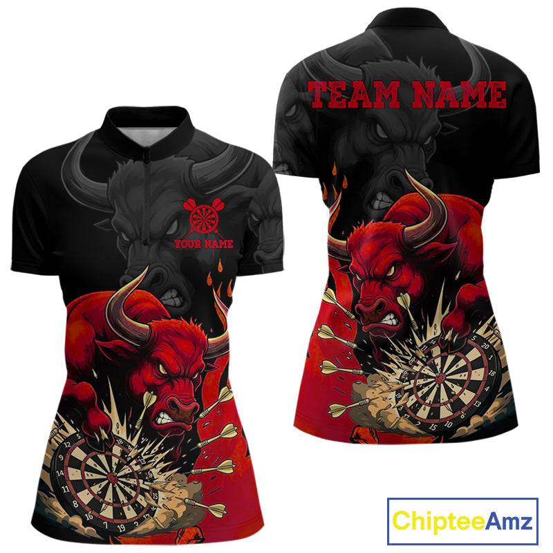 Black And Red Funny Bull Darts Shirt Custom Dart Jersey Team Polo & 1/4 Zip