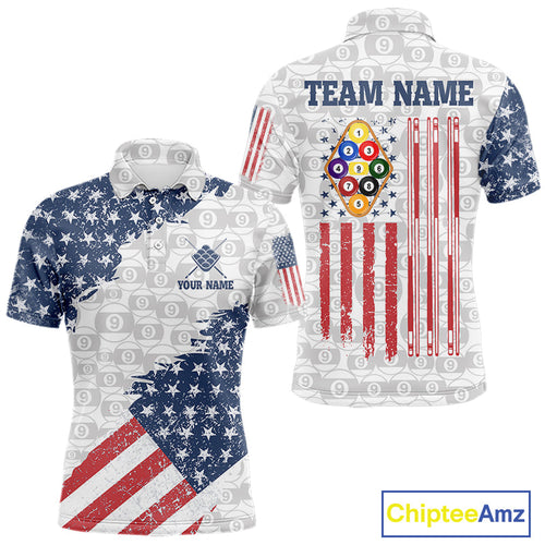 Grunge American Flag 9 Ball Billiard Shirt Custom Patriotic Pool Team Jersey Polo, 1/4 Zip