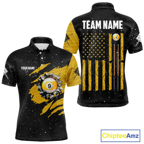 Yellow Black Grunge American Flag 9 Ball 's Billiard Shirt Custom 9 Ball Pool Team Jersey