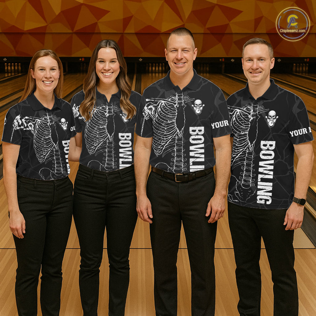 Black And White Funny Skeleton Bowling Shirts Custom Skull Bowling League Team Jersey
