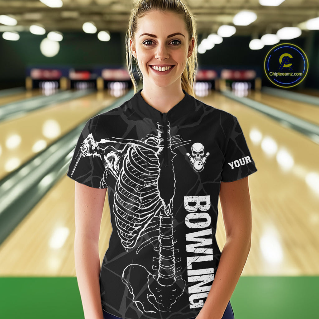Black And White Funny Skeleton Bowling Shirts Custom Skull Bowling League Team Jersey