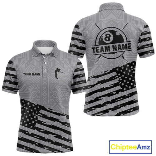 Personalized Grey US Flag 8 Ball Billiard Shirt Custom Billiard Team Shirt, Pool Jerseys