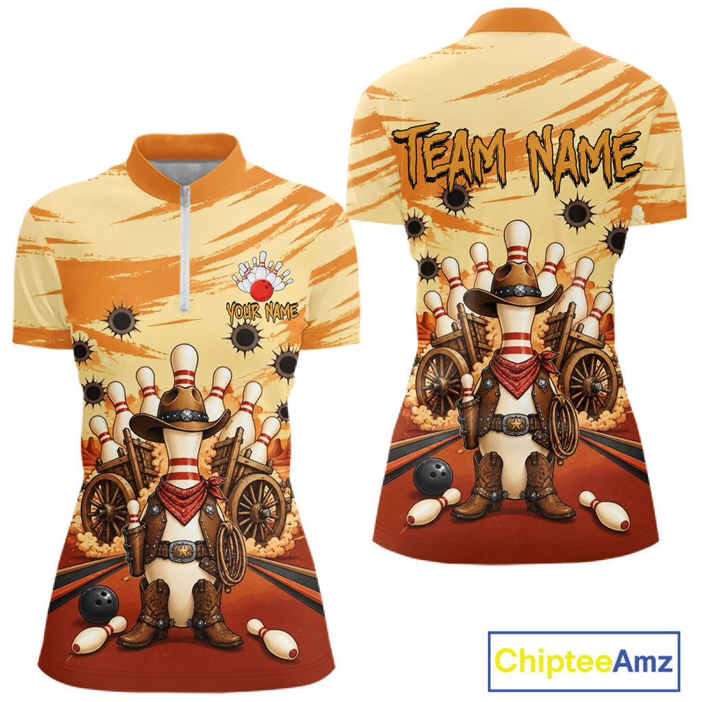 Funny Pins Cowboy Bowling Shirt Custom Bowling Team Outfit, Bowling Jersey Polo & 1/4 Zip