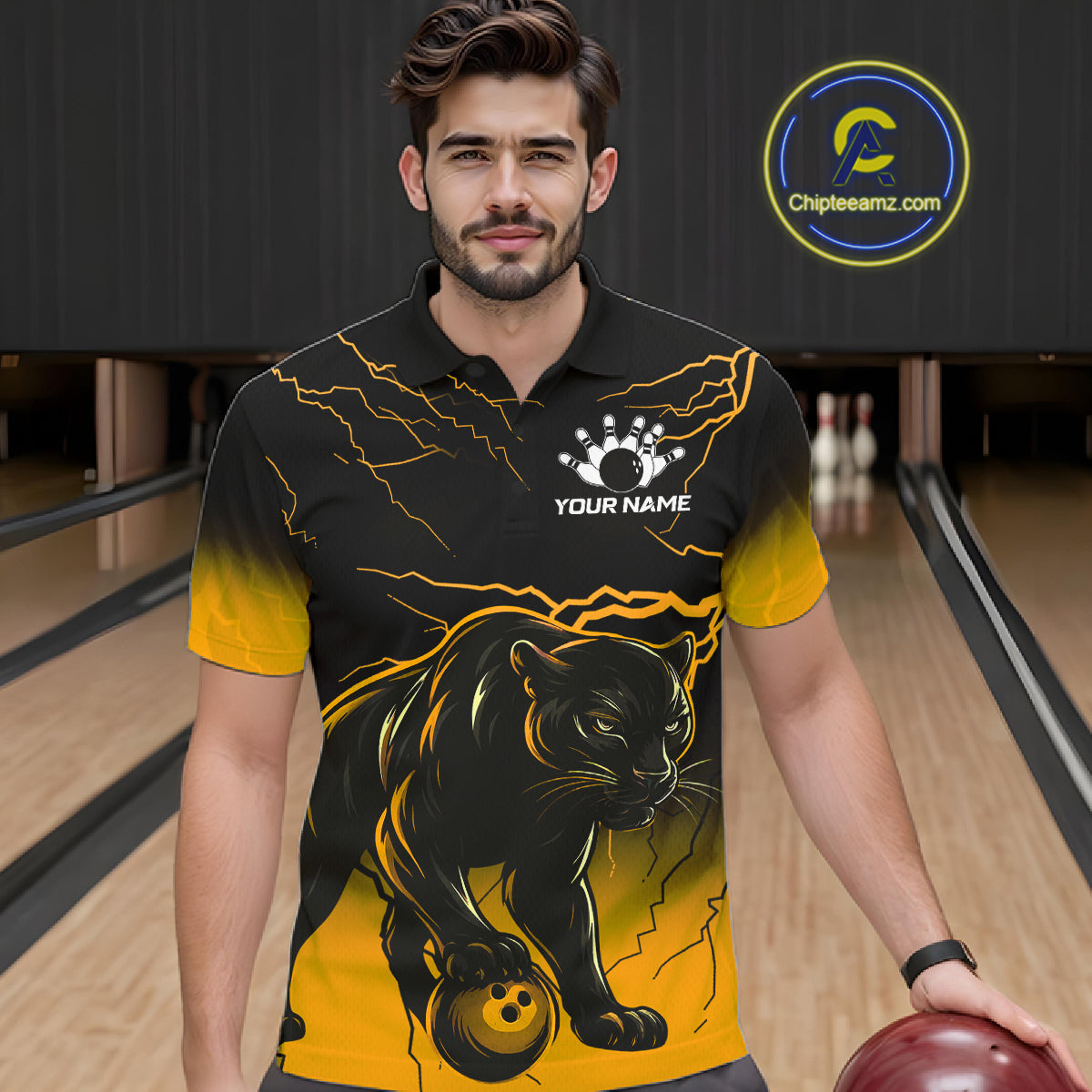 Black And Yellow Custom Thunder Lightning Panther Bowling Team Shirt Bowling League Jersey