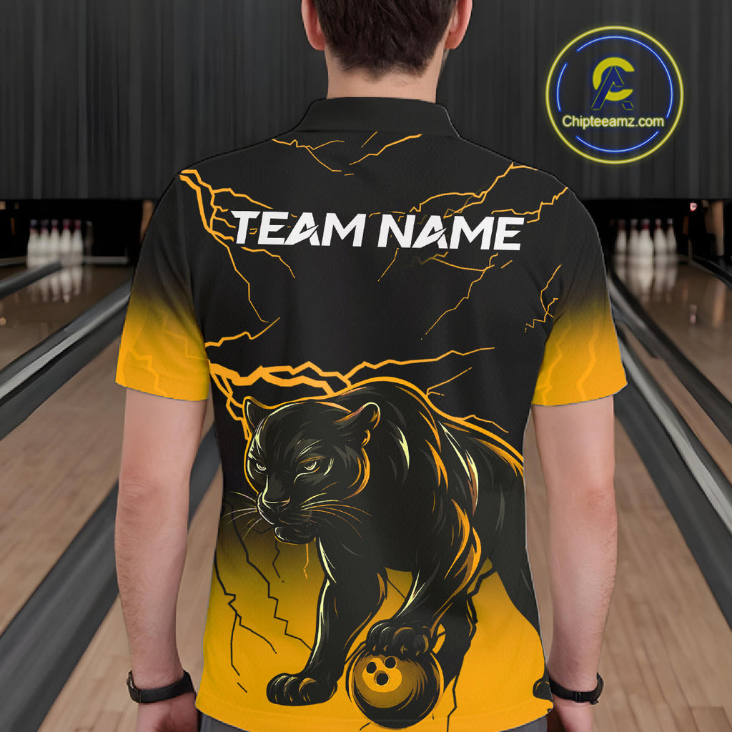 Black And Yellow Custom Thunder Lightning Panther Bowling Team Shirt Bowling League Jersey