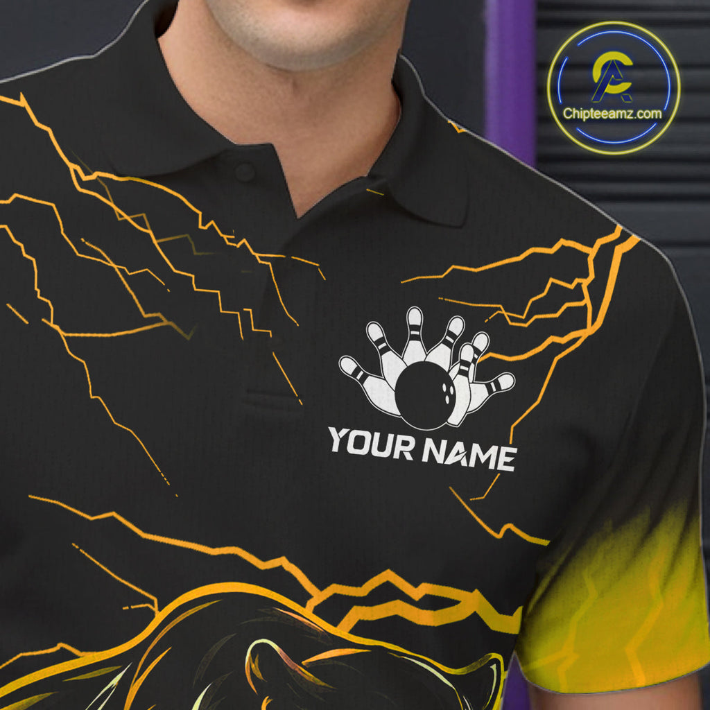 Black And Yellow Custom Thunder Lightning Panther Bowling Team Shirt Bowling League Jersey