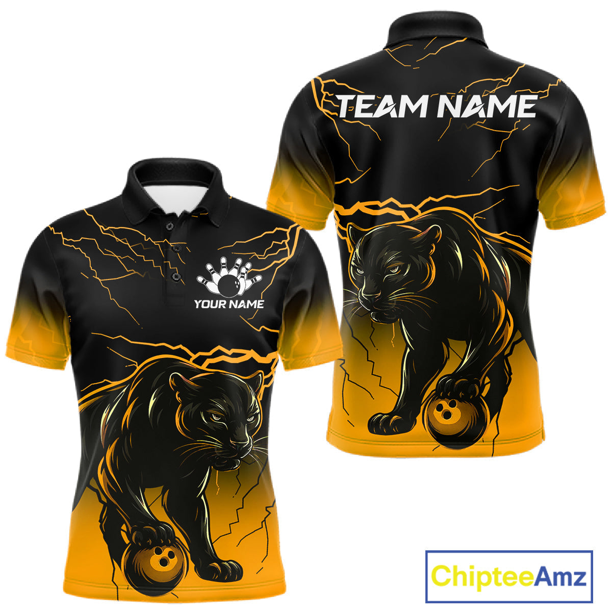 Black And Yellow Custom Thunder Lightning Panther Bowling Team Shirt Bowling League Jersey