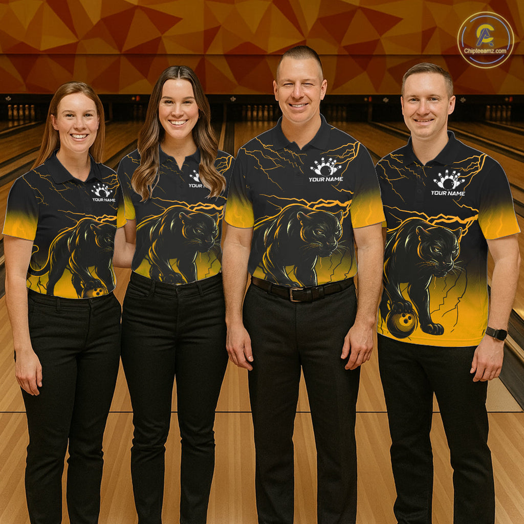 Black And Yellow Custom Thunder Lightning Panther Bowling Team Shirt Bowling League Jersey