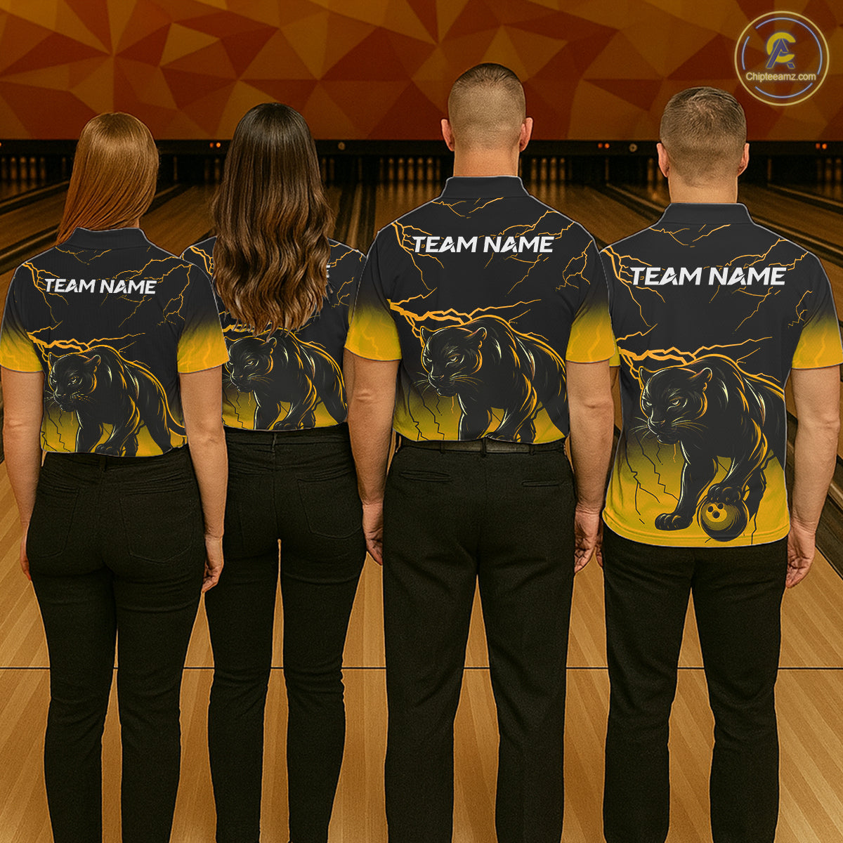 Black And Yellow Custom Thunder Lightning Panther Bowling Team Shirt Bowling League Jersey