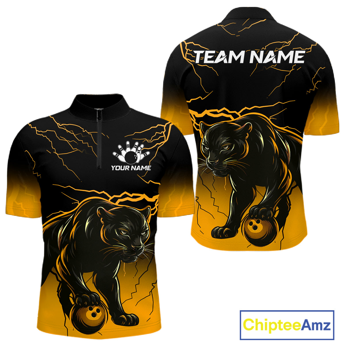 Black And Yellow Custom Thunder Lightning Panther Bowling Team Shirt Bowling League Jersey