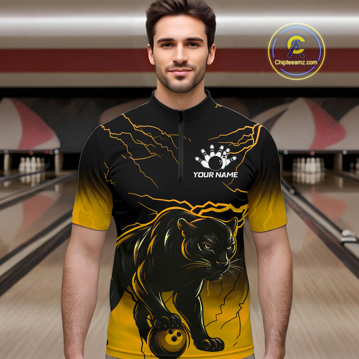 Black And Yellow Custom Thunder Lightning Panther Bowling Team Shirt Bowling League Jersey