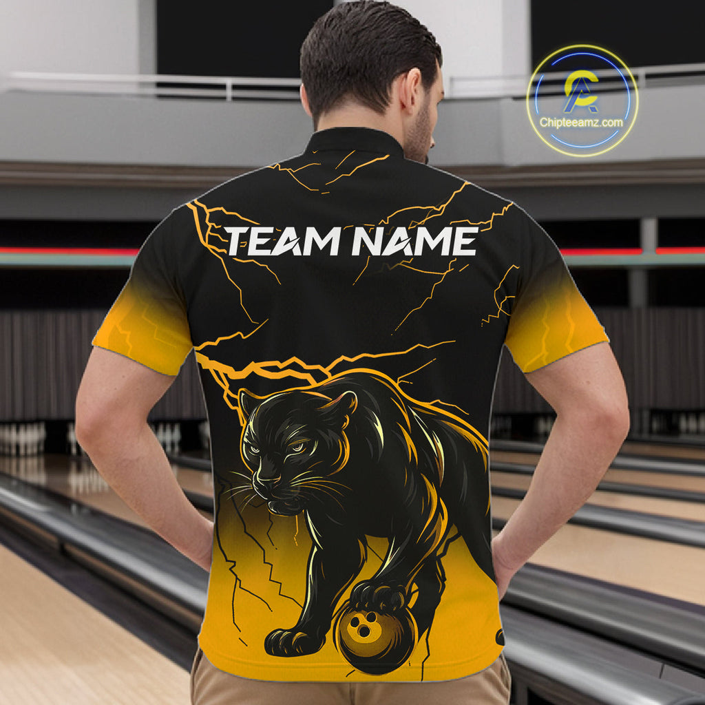 Black And Yellow Custom Thunder Lightning Panther Bowling Team Shirt Bowling League Jersey