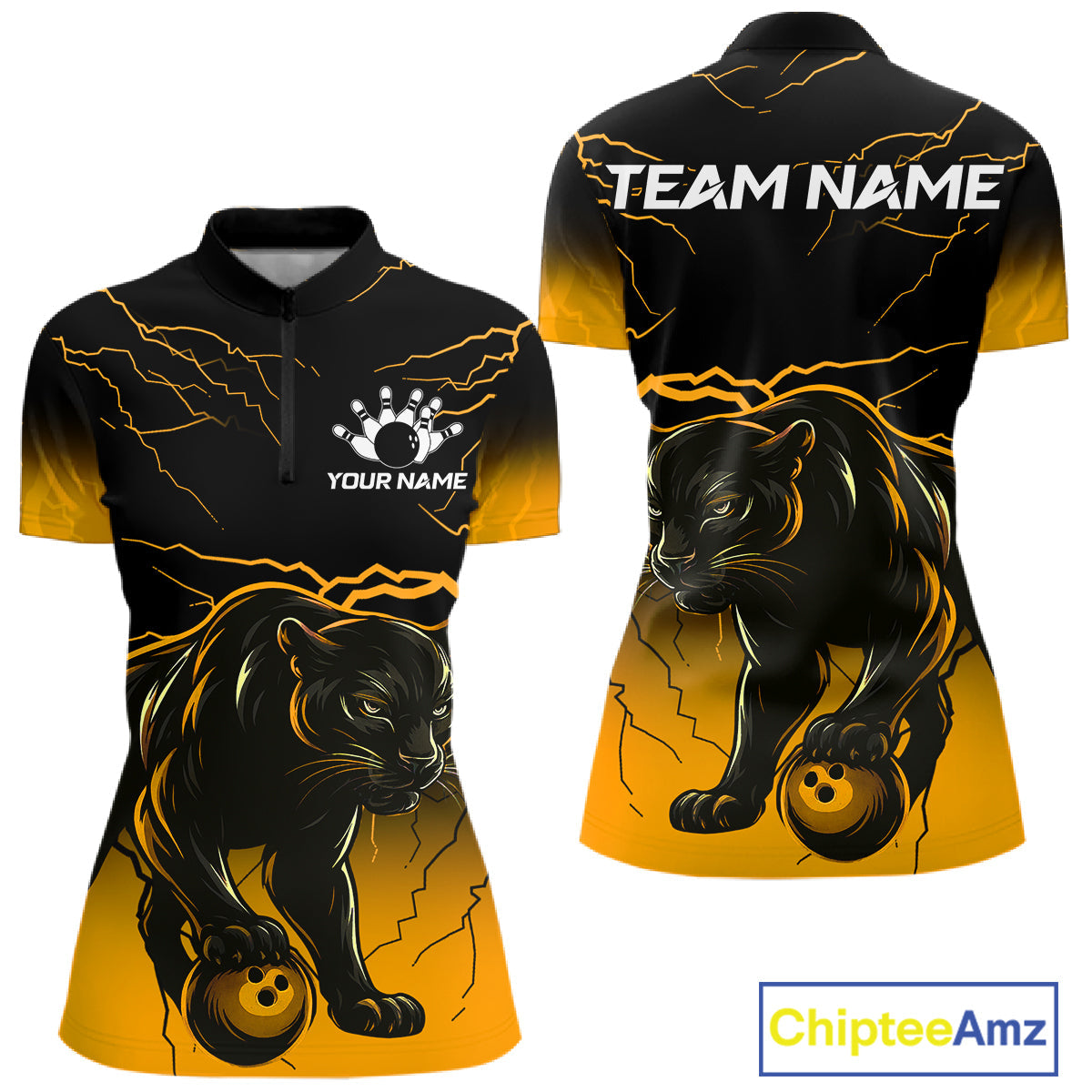 Black And Yellow Custom Thunder Lightning Panther Bowling Team Shirt Bowling League Jersey