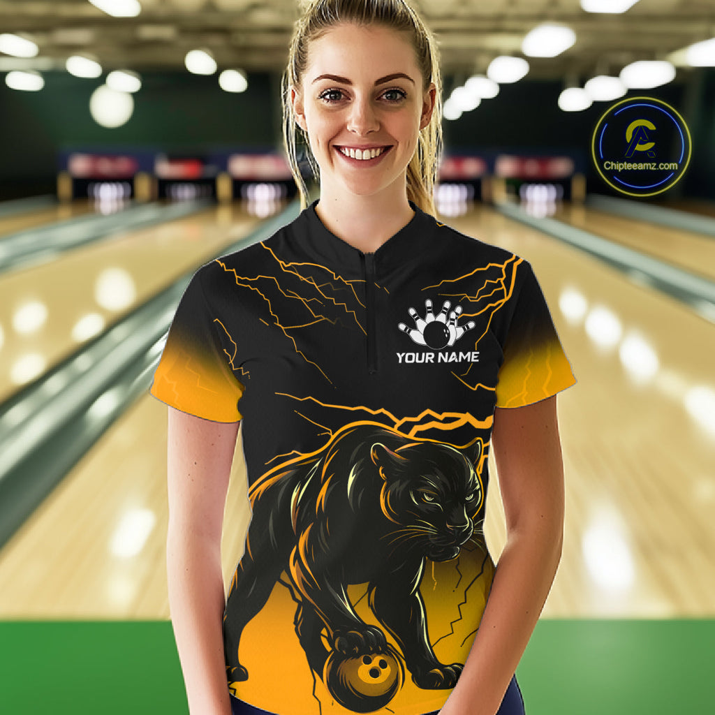 Black And Yellow Custom Thunder Lightning Panther Bowling Team Shirt Bowling League Jersey