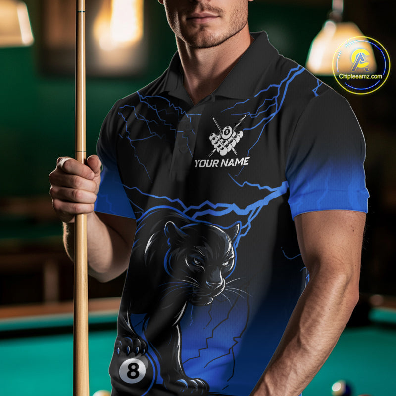 Black And Blue 8 Ball Pool Lightning Custom Panther Billiard Shirts, Billiard Team Jersey