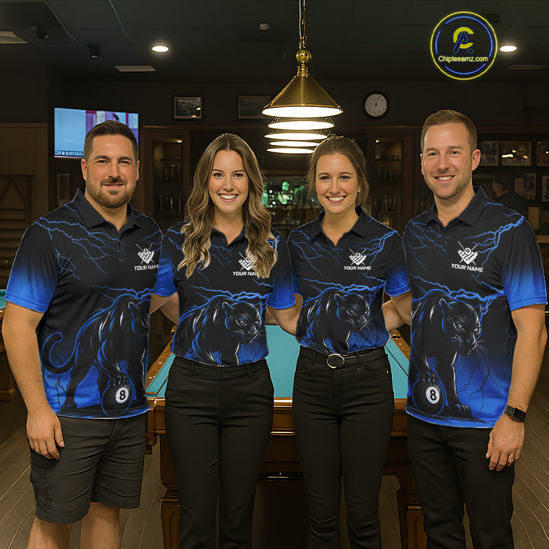 Black And Blue 8 Ball Pool Lightning Custom Panther Billiard Shirts, Billiard Team Jersey